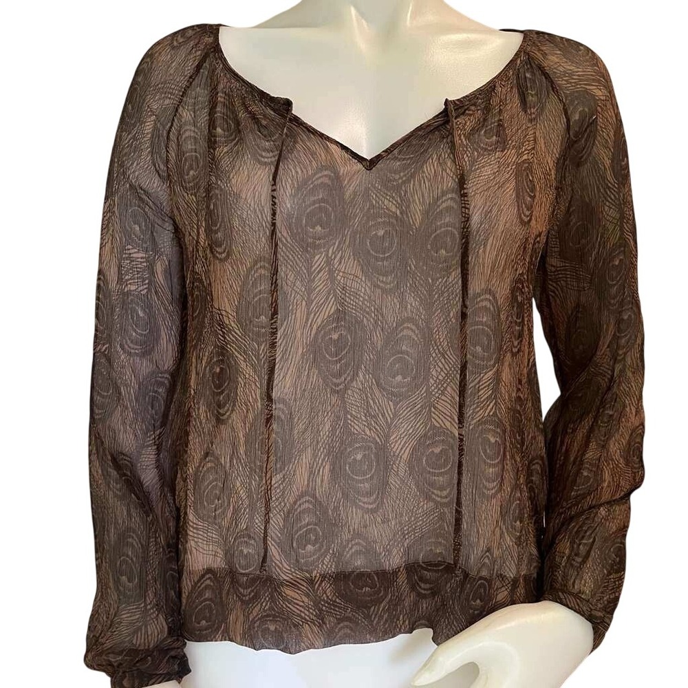 Club Monaco Silk Blouse Shirt XS Brown Sheer Peacock Print Whimsigoth Boho Fairy